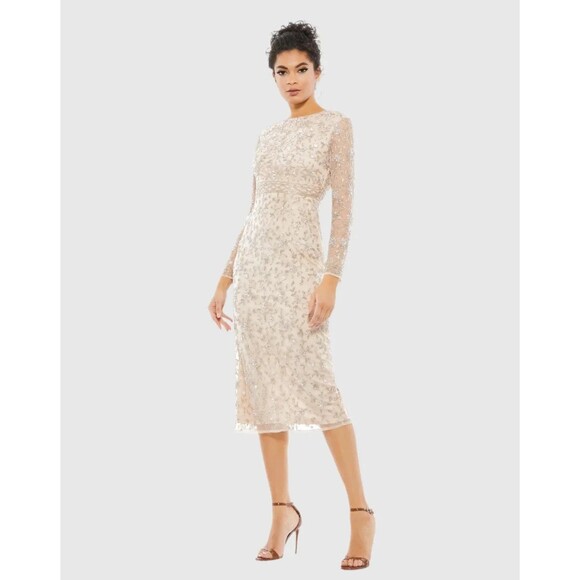 Mac‎ Duggal 10812 PORCELIAN BEADED TEA LENGTH DRESS W/ SHEER SLEEVES 8 $498 NEW - Picture 1 of 4